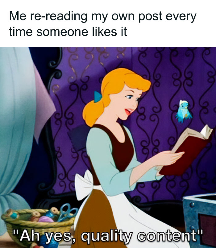 Disney meme with a character reading a book, captioned "Me re-reading my own post every time someone likes it."