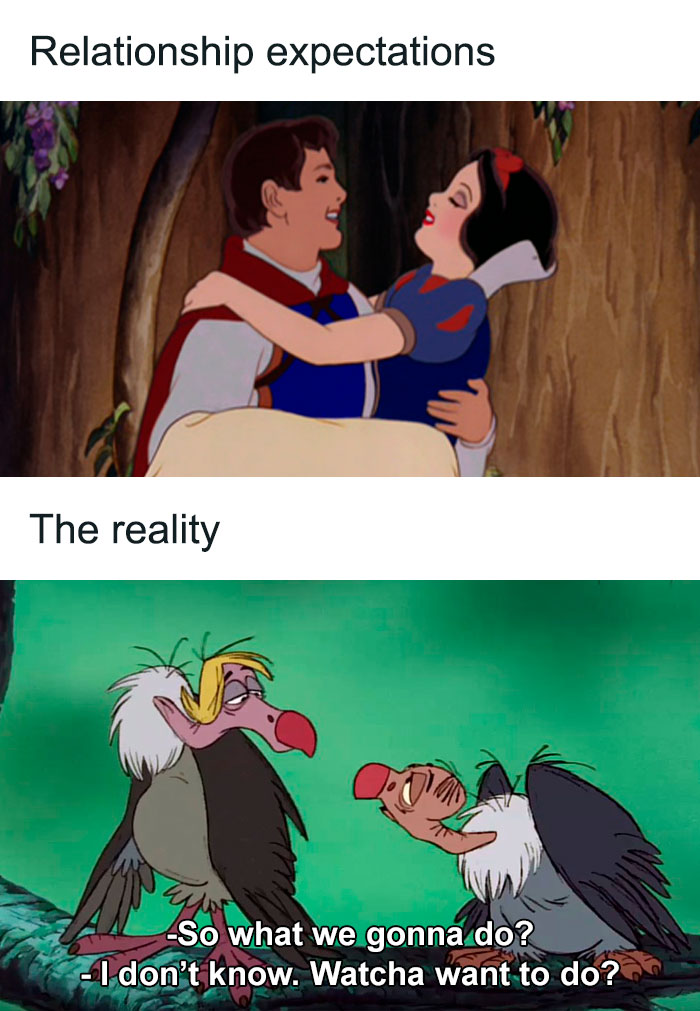 Disney memes showing relationship expectations with Snow White, and two cartoons discussing reality with humorous captions.