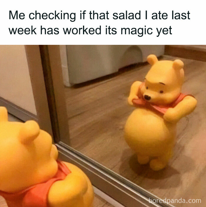Pooh bear looking at his reflection humorously checking if salad diet is working, Disney meme relatable moment.