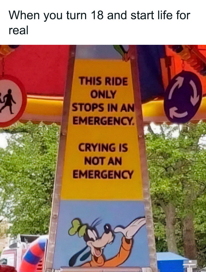 Disney meme featuring a ride sign with Goofy saying "Crying is not an emergency," humorously commenting on adulthood.