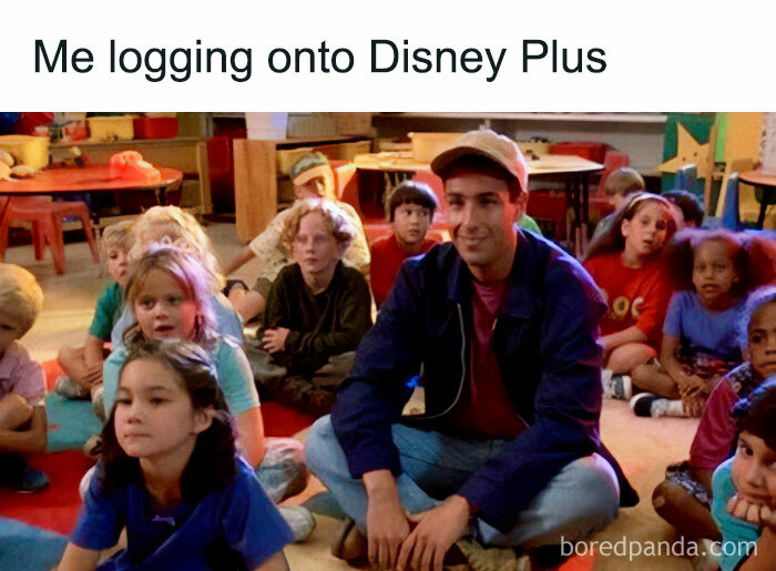 Group of children watching a man sitting on the floor, with text "Me logging onto Disney Plus" above.