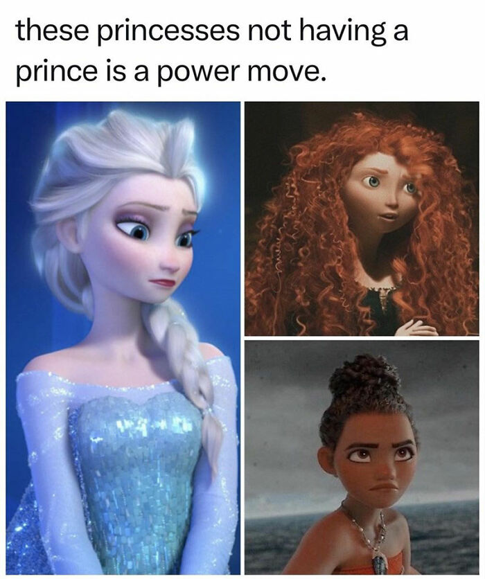 Disney memes featuring princesses without princes, showcasing empowerment.