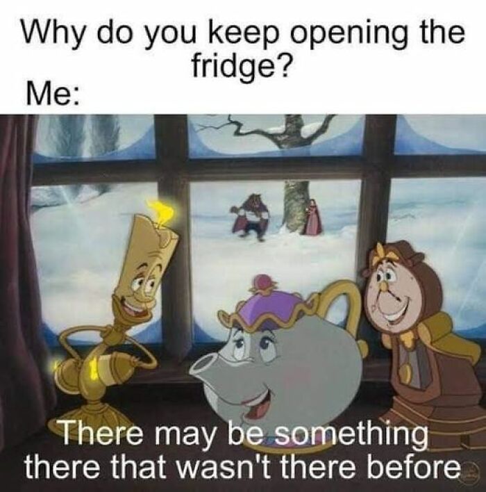 Disney meme of animated objects discussing why the fridge is frequently opened, relating to curiosity and hunger.