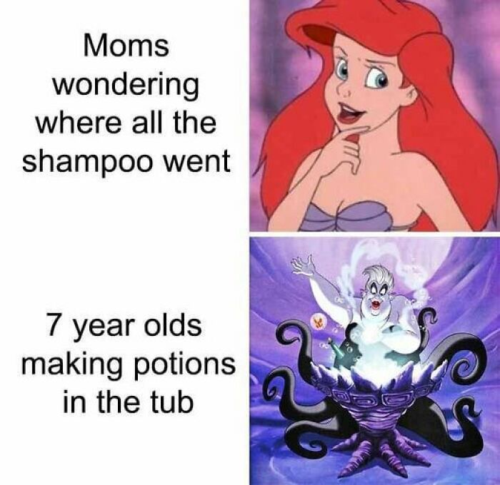Disney meme with Ariel curious and Ursula concocting a potion, humorously depicting shampoo use by children.