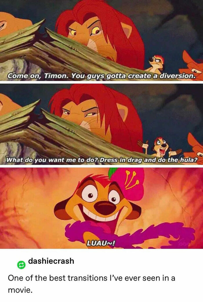 Disney meme featuring Timon humorously dressed in hula attire for a diversion plan with Lion King characters.