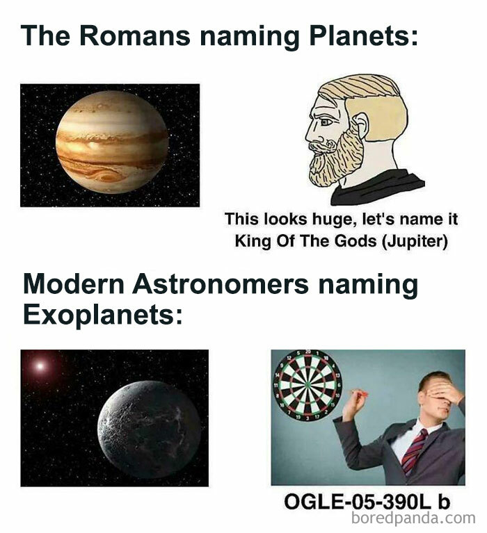 Science memes comparing Romans naming planets by gods to modern astronomers using complex exoplanet names humorously.