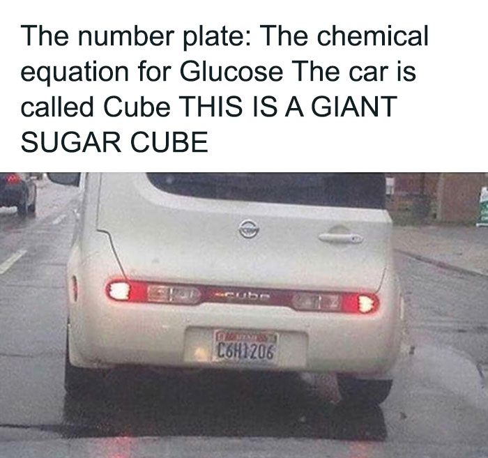 Car with a Cube model and caption linking it to the chemical equation for glucose in a science meme combining brains with chuckles.