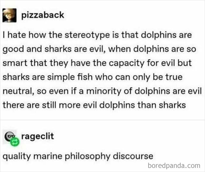 Science meme discussing dolphin intelligence and shark neutrality in a humorous marine philosophy discourse.