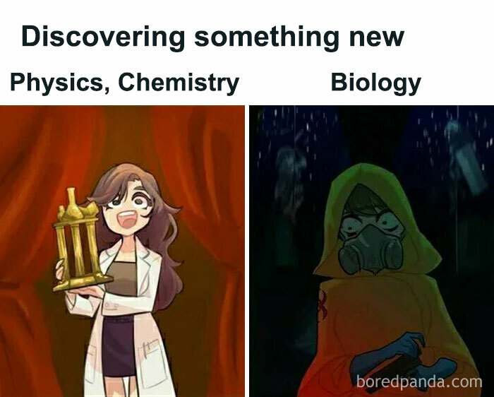 Two contrasting science memes showing joyful discovery in physics and chemistry versus grim biology, highlighting science humor.