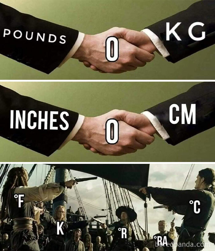 Handshake memes humorously comparing unit conversions pounds to kilograms, inches to centimeters, and temperature scales in a science meme.