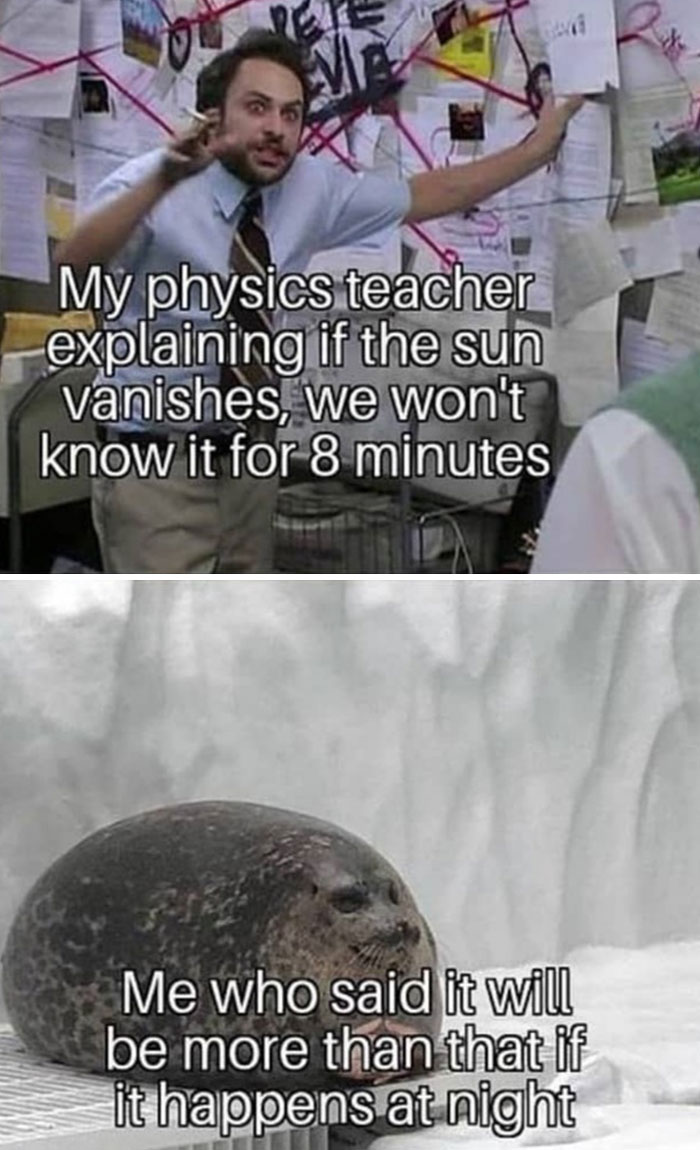 Man explaining complex science theory on a crime board with a humorous science meme featuring a relaxed seal below.