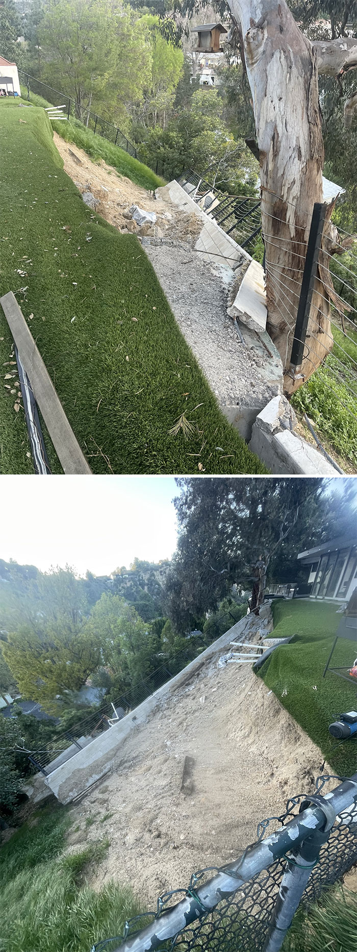 Este enorme muro de contención cedió y podría haber causado grandes daños a la propiedad colindante si no fuera por ese árbol que contuvo parte del mismo