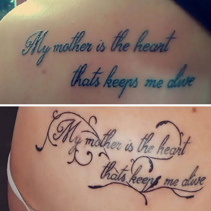 Two tattoo fails with misspelled script text reading My mother is the heart thats keeps me alive on skin.