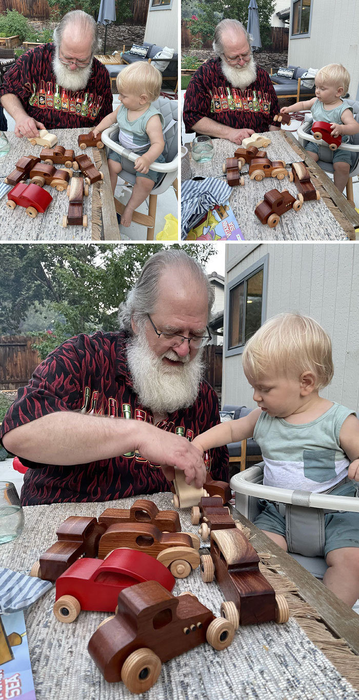 Mi padre no paraba de pedirme que viniera después de perderse la fiesta del primer cumpleaños de mi hijo por culpa del Covid. Resulta que le hizo 8 coches de juguete de madera personalizados