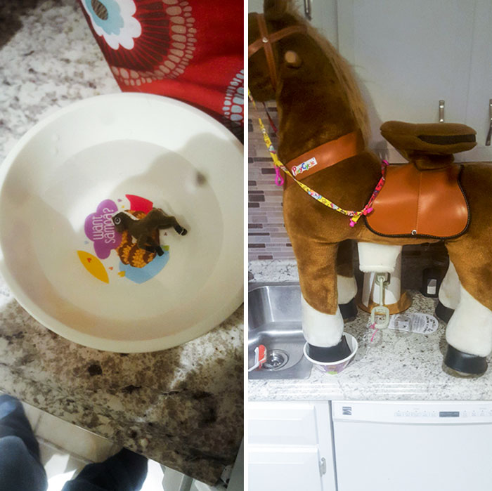 Antes de acostarse, mi hija puso un poni en un cuenco de agua. Lo reemplacé con esto
