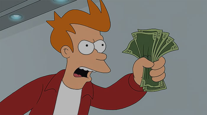 Fry holding money from Futurama