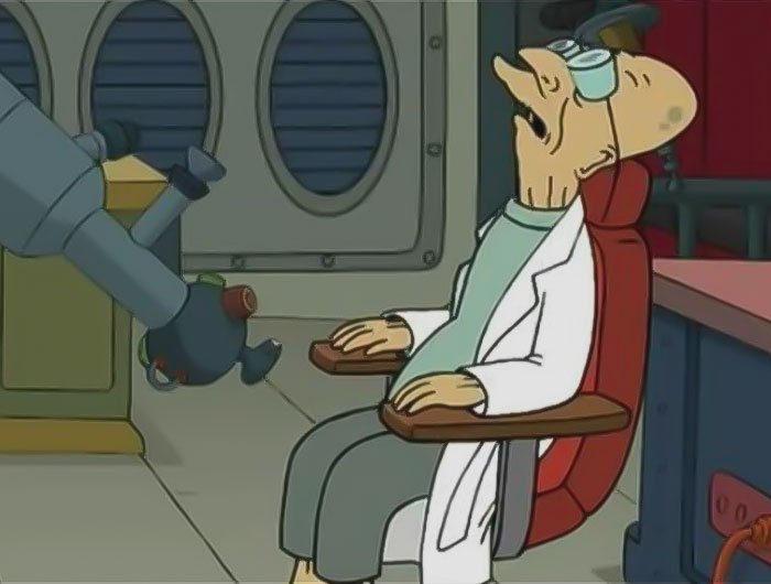 Professor sleeping in chair from Futurama