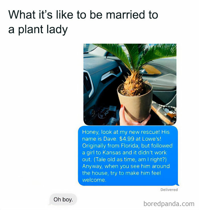 Text conversation about a new plant with a funny backstory, highlighting a humorous situation for plant lovers.