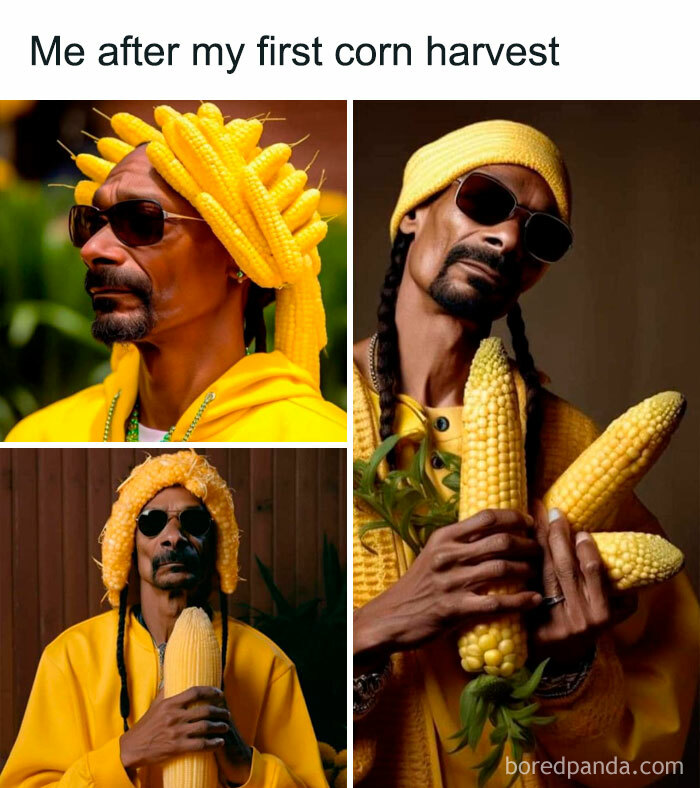 Man in yellow outfit humorously holding corn, wearing corn crown.