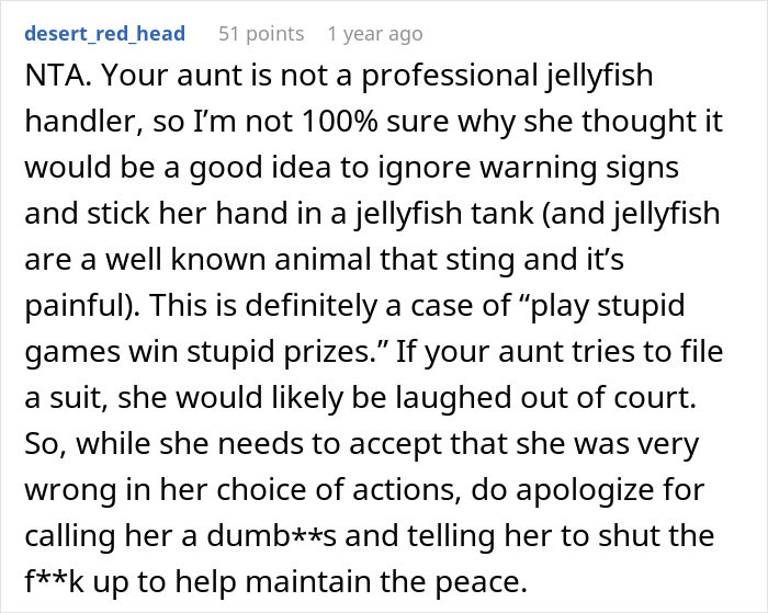 Family Member Shuts Down &lsquo;Karen&rsquo; Aunt After She Threatened To Sue An Aquarium For Getting Stung By A Jellyfish