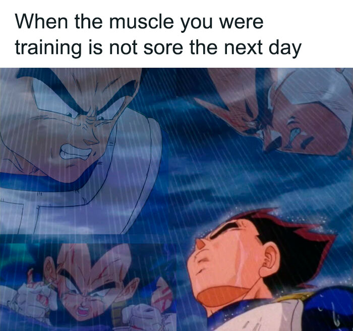 Anime character looking intense with text about gym training and muscle soreness.