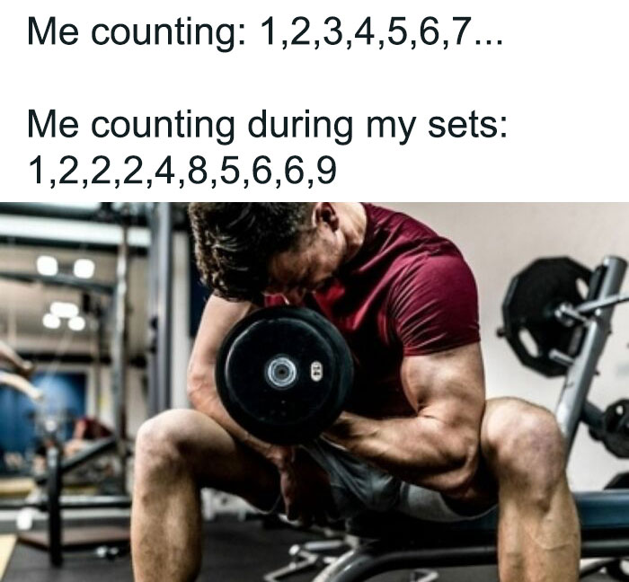 Gym rat meme with a man lifting weights, humorously miscounting reps.