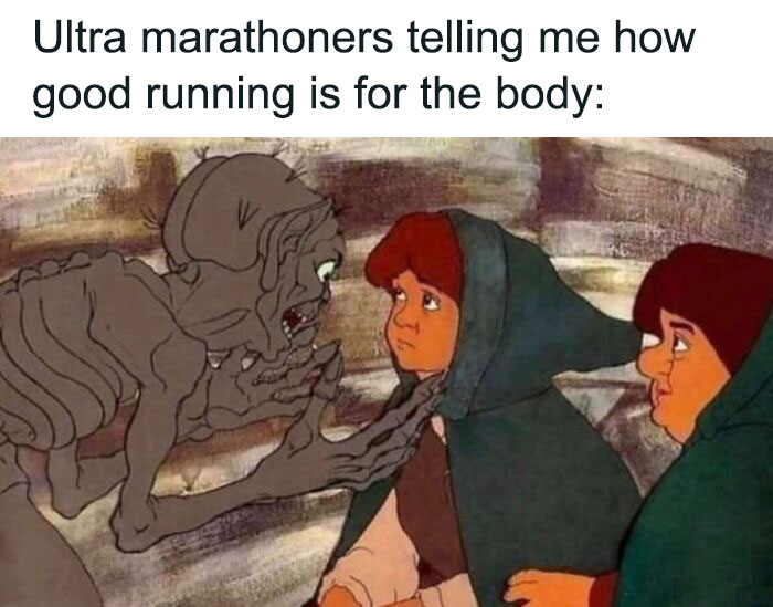 Cartoon characters humorously illustrating gym meme about running.