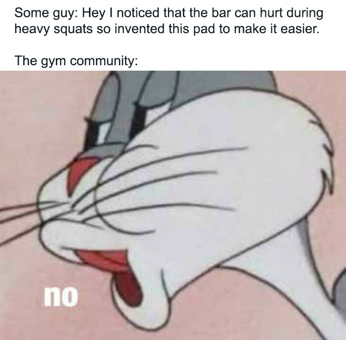 Cartoon character disapproving a gym pad during squats; relatable gym meme for gym rats.