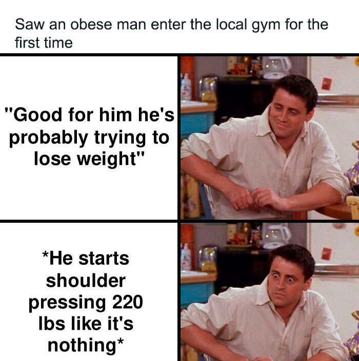 Gym meme showing surprised reaction to a man easily shoulder pressing 220 lbs.