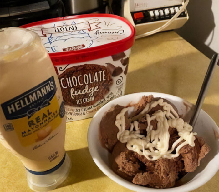 Bowl of chocolate fudge ice cream topped with mayonnaise; a truly horrible food combination.