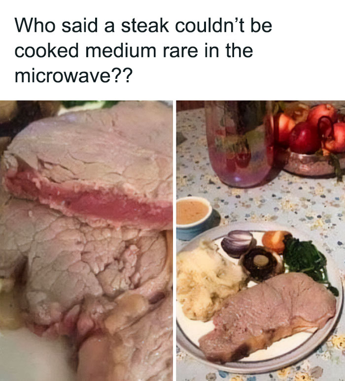Microwave-cooked steak with an unappetizing appearance, served with vegetables on an unsightly plate.