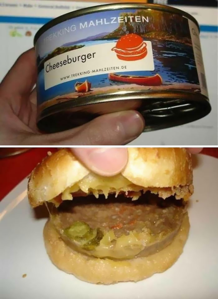 Canned cheeseburger looks unappetizing with visible layers of pickle and meat, highlighting horrible food presentation.