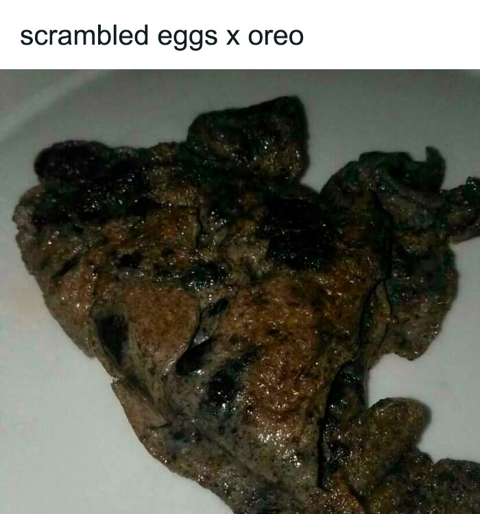 Unappetizing food: scrambled eggs mixed with Oreo cookies on a white plate.