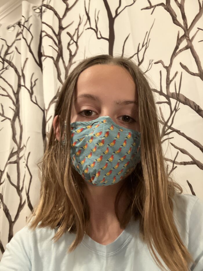 No Fancy Face Blurring For Me! Just A Turquoise Parrot Covered Quarantine Monstrosity!