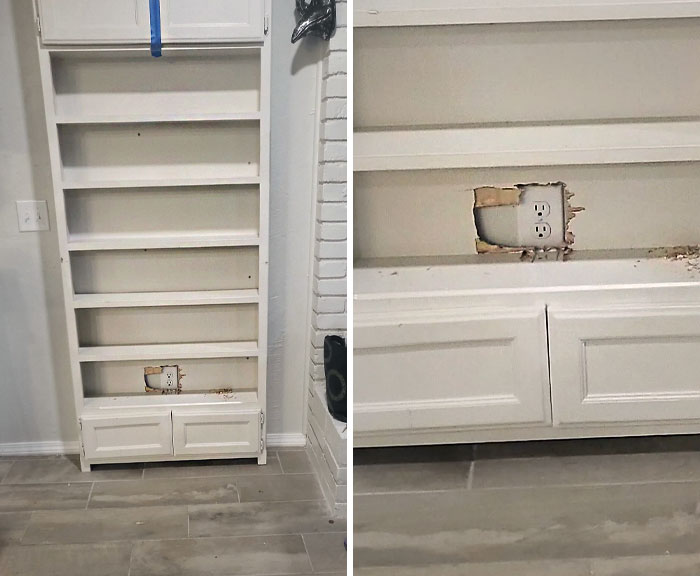 Me encontré con esto al despertar. Mi marido me dijo anoche que no me preocupara por la nueva estantería. Y no lo hice, pero debería haberme preocupado