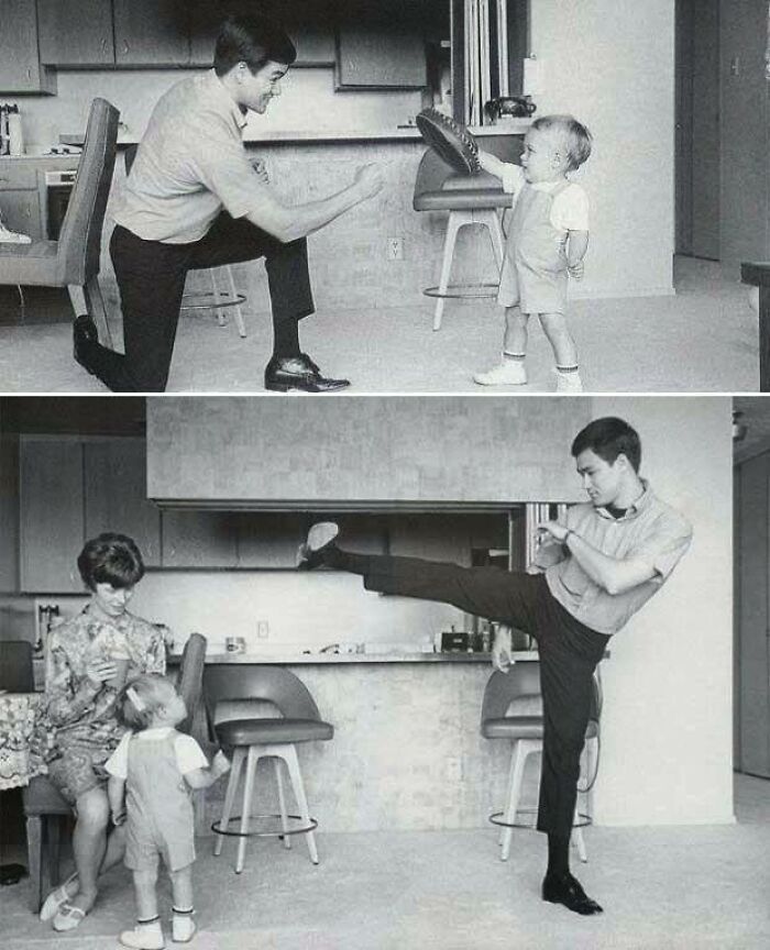 Bruce Lee enseñando a su hijo Brandon artes marciales a una edad temprana. Alrededor de 1960
