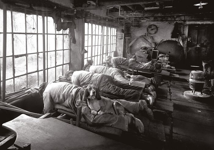 Picture Circa 1900s Showing Knife Grinders Also Called Ventres Jaunes (Yellow Stomachs Referring To The Yellow Dust Released By The Grinding Wheel). Laying Down Was Done To Prevent Backs From Being Hunched All Day