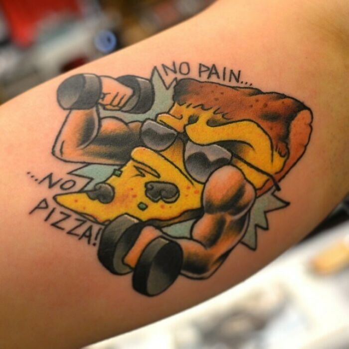 Muscular pizza slice watercolor tattoo, showcasing unique food tattoo ideas.