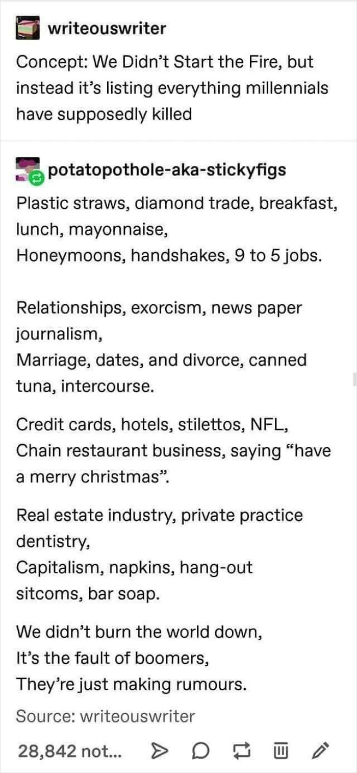 We Didn’t Start The Fire, Millennial Edition