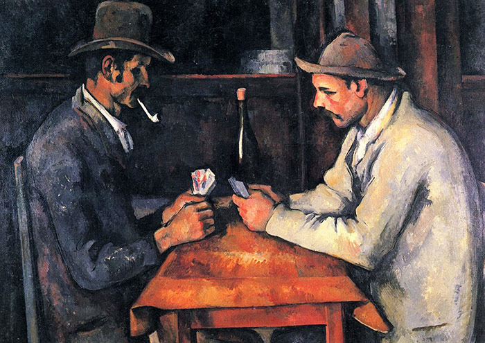 The Card Players by Paul Cézanne, 1893, oil painting features two men with hats sitting and playing cards at the table