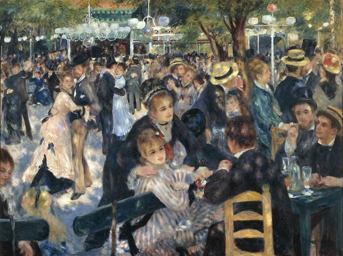 A ball at the Moulin de la Galette by Pierre-Auguste Renoir, 1876, oil painting features moving crowd, joyful atmosphere in Butte Montmartre