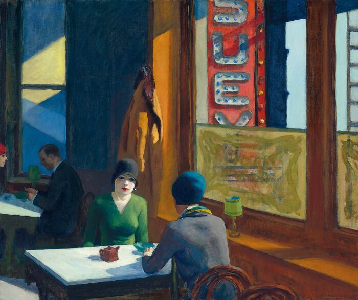 Chop Suey by Edward Hopper, 1929, oil painting portrays two women in conversation at a restaurant
