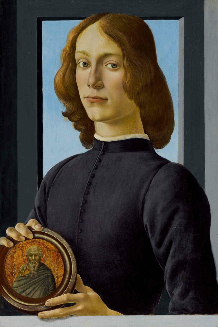 Portrait Of A Young Man Holding A Roundel by Sandro Botticelli, 1480, tempera painting