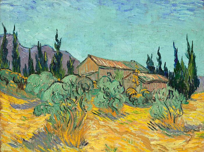 Huts surrounded by olive trees and cypresses by Vincent van Gogh, 1889, oil painting