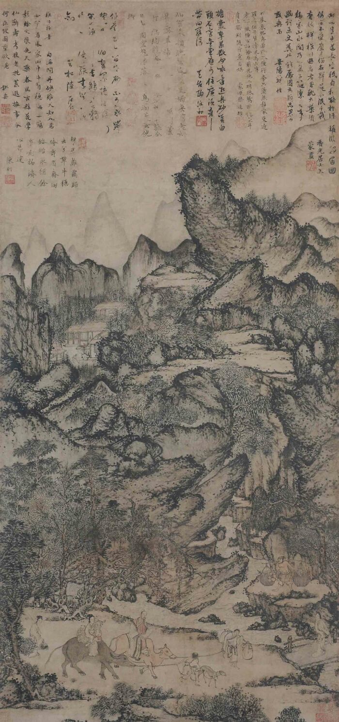 Zhichuan Resettlement by W**g Meng, 1350, hanging scroll; color on paper, painting of mountains and waters