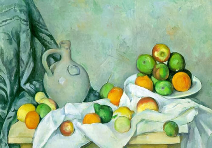 Curtain, Jug And Fruit Bowl by Paul Cézanne, 1894, oil painting, still life