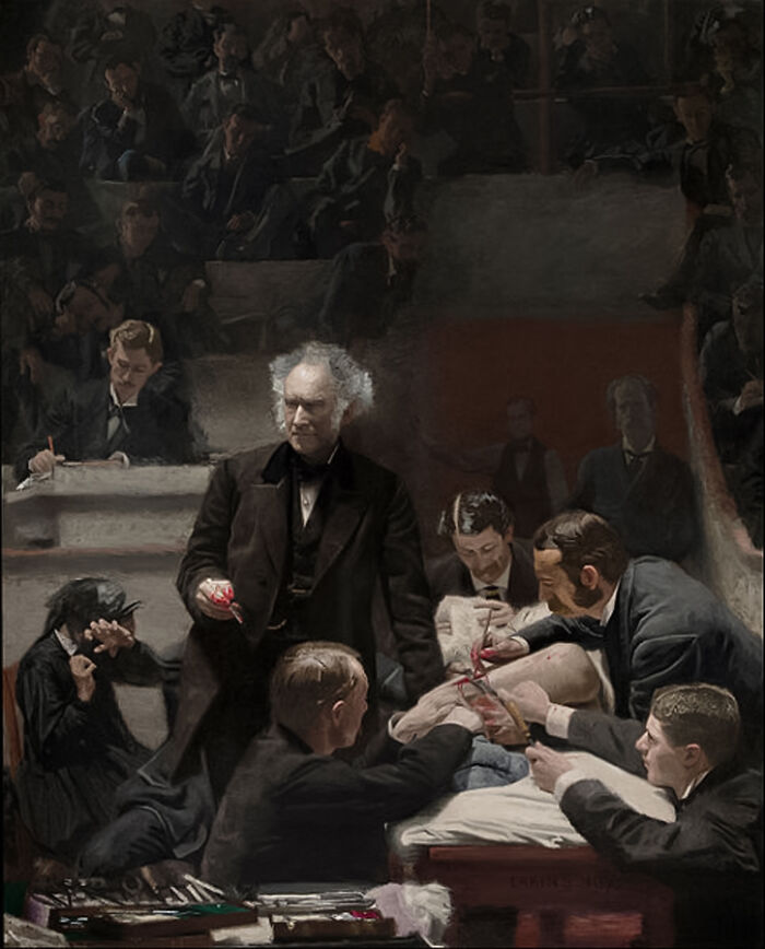 The Gross Clinic by Thomas Eakins, 1875 oil painting depicts Dr. Samuel D. Gross, a seventy-year-old professor dressed in a black frock coat, lecturing a group of Jefferson Medical College students