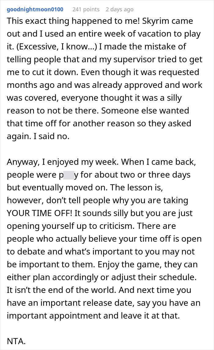 "I Honestly Don't Really Care": Person Refuses To Give Up Their Day Off To Play A Video Game "I Honestly Don't Really Care": Person Refuses To Give Up Their Day Off To Play A Video Game