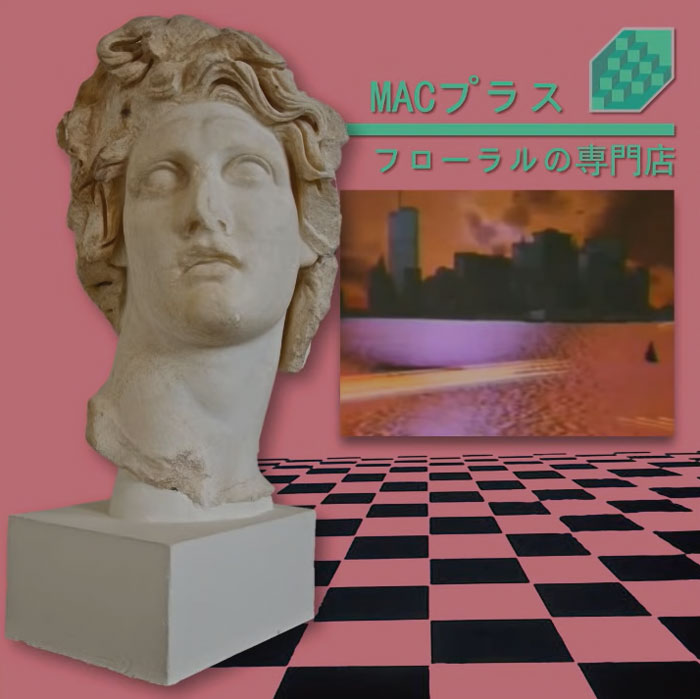 MACINTOSH PLUS - FLORAL SHOPPE music cover, a digital collage with gypsum head, chess flooring, photo with cityscape and water in front of pink background 