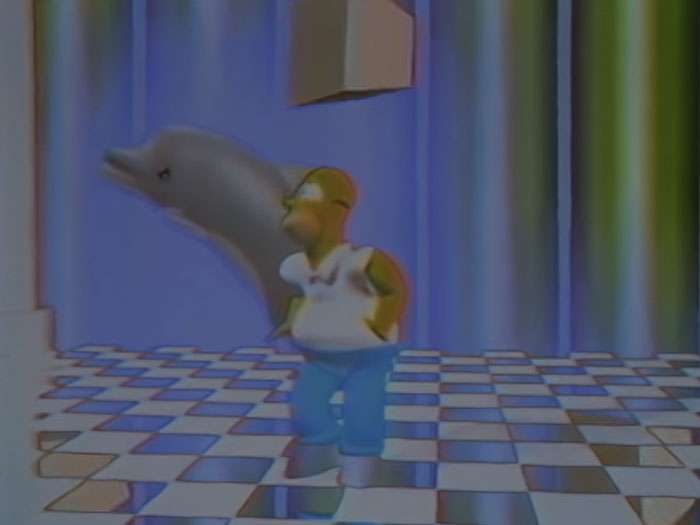 Homer on chess flooring with a dolphin in the digital wave